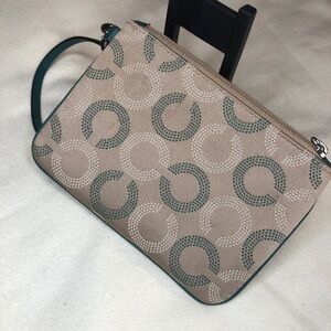 Coach Tan and Green Wristlet Clutch